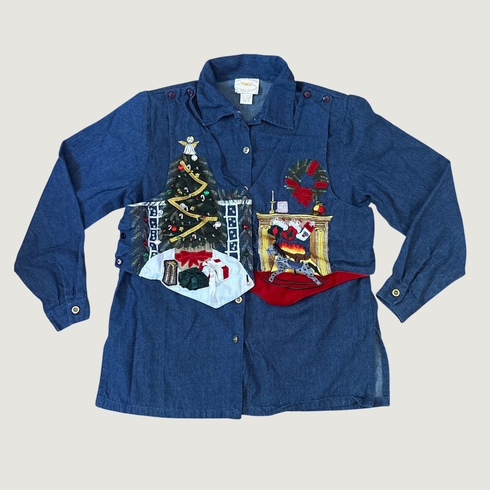 Country Wear Denim Christmas Shirt Women Blue Reversible Plaid Vest SIZE 8